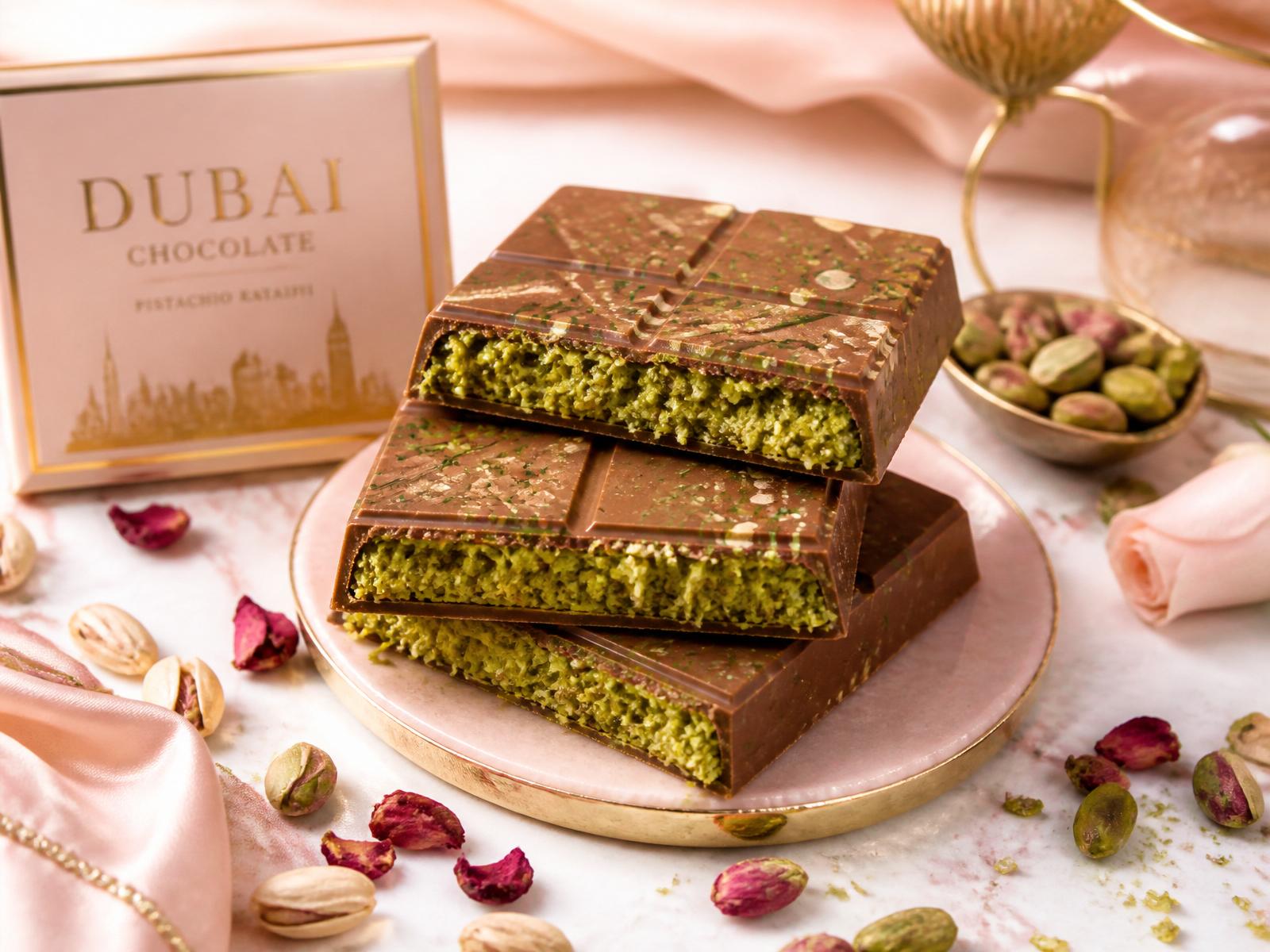 Tableta de chocolate de Dubái con relleno de pistacho y kataifi sobre fondo rosa